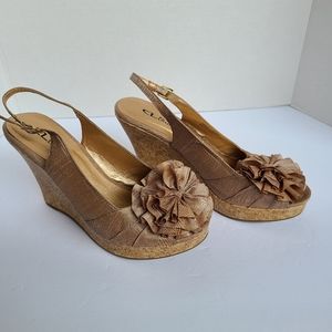 Taupe-Beige Cork Wedge Sandals, CL Laundry, 8.5